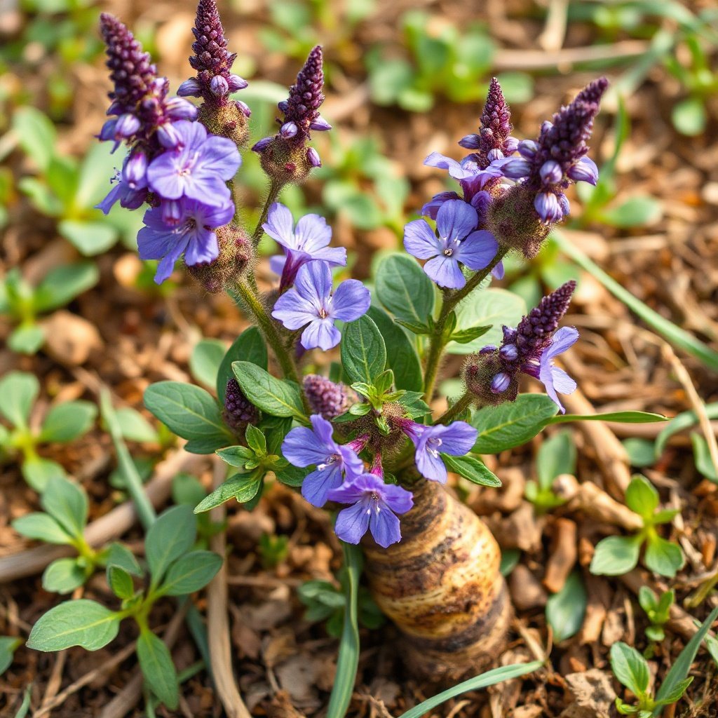 fresh chicory root plant with purple flowers in natural setting, botanical illustration style, warm