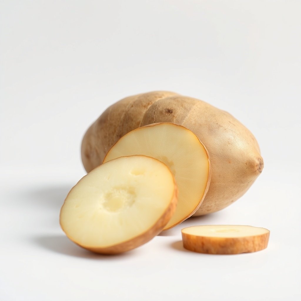 raw potato resistant starch, sliced potato cross section, clean white background, food science ingre