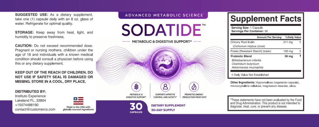 Soda Tide supplement facts label full view, purple and white branding, shows chicory root inulin, res