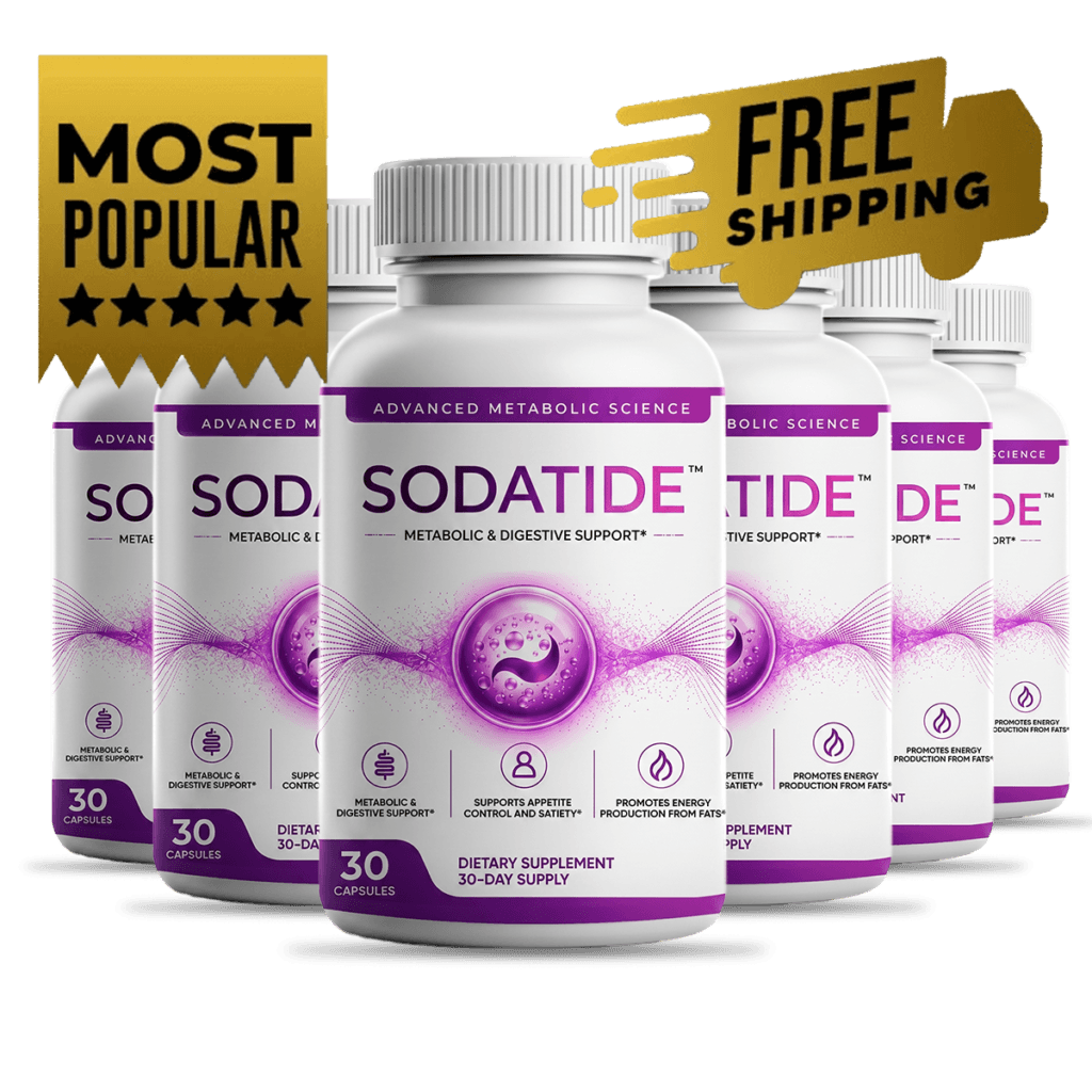 six white supplement bottles with purple Soda Tide labels arranged in two rows of three, best value b