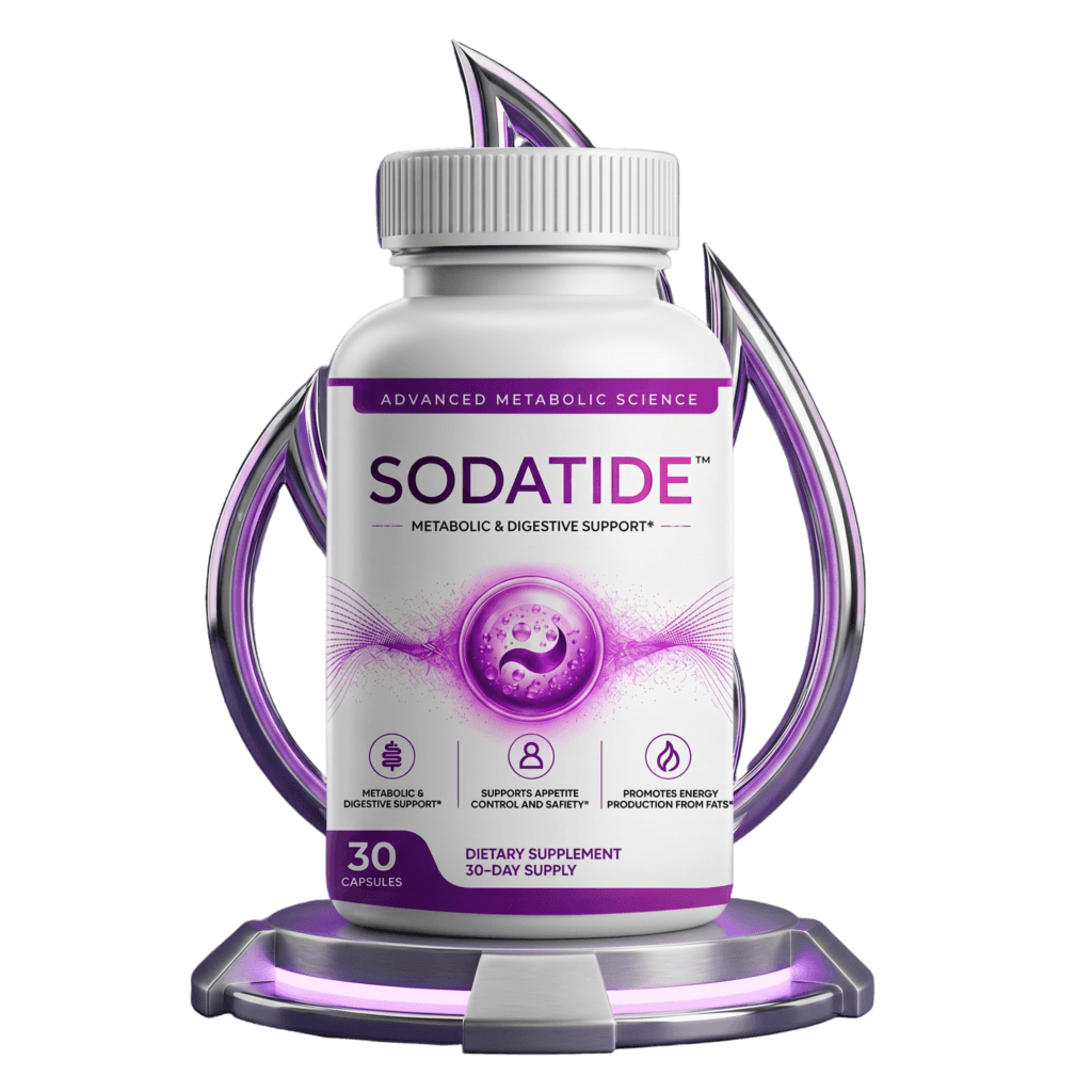 Soda Tide supplement bottle front view, white bottle with purple label advanced metabolic science, si
